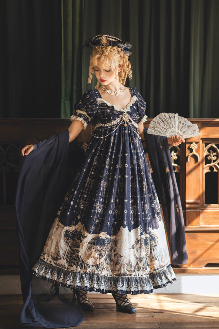 Blue [Unicorn] V Collar Short Sleeves Empire Motif Print Embroidery Bowknot Lace Sweet Elegant Lolita Dress - Product - 14