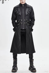 Black Stand Up Collar Waist Leather Hasp Leather Long Men's Punk Coat - Black - 1