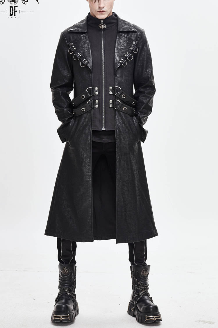Black Stand Up Collar Waist Leather Hasp Leather Long Men's Punk Coat - Black - 1