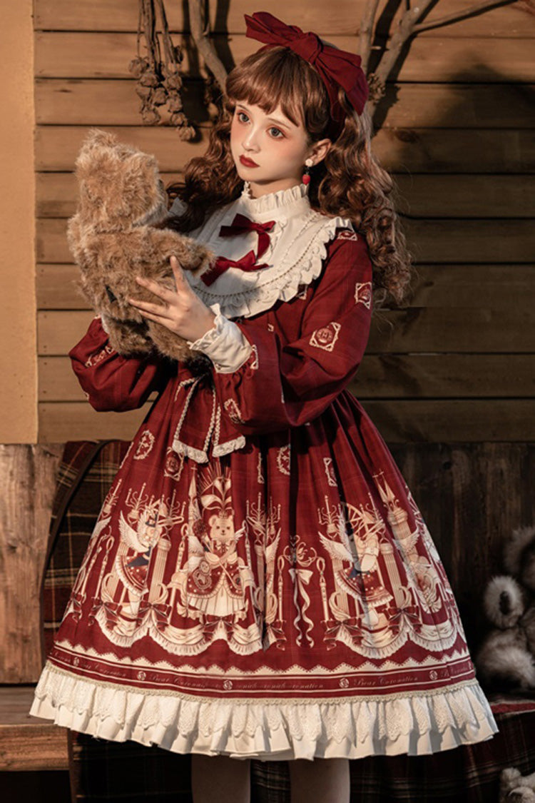 Doll Collar Lantern Long Sleeves Stitching Bear Paradise Print Ruffled Hanayome Sweet Lolita Op Dress - Product - 6