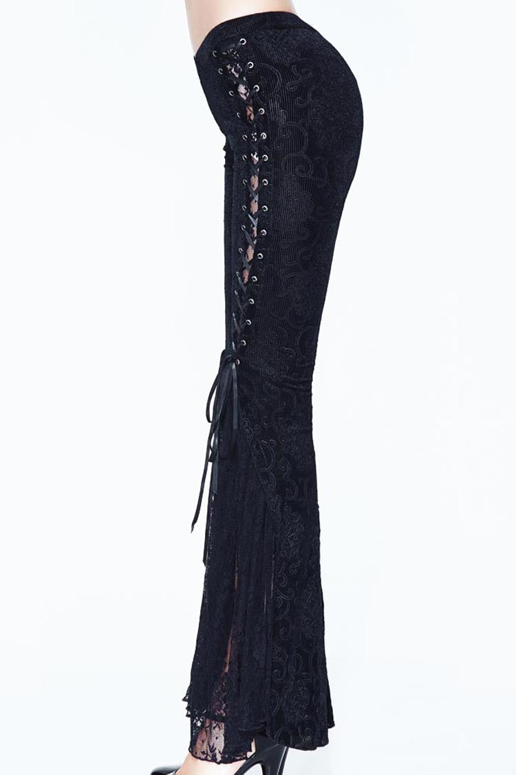 Black Palace Pattern Lace-Up Velveteen Lace Flared Women's Gothic Pants - Product - 9