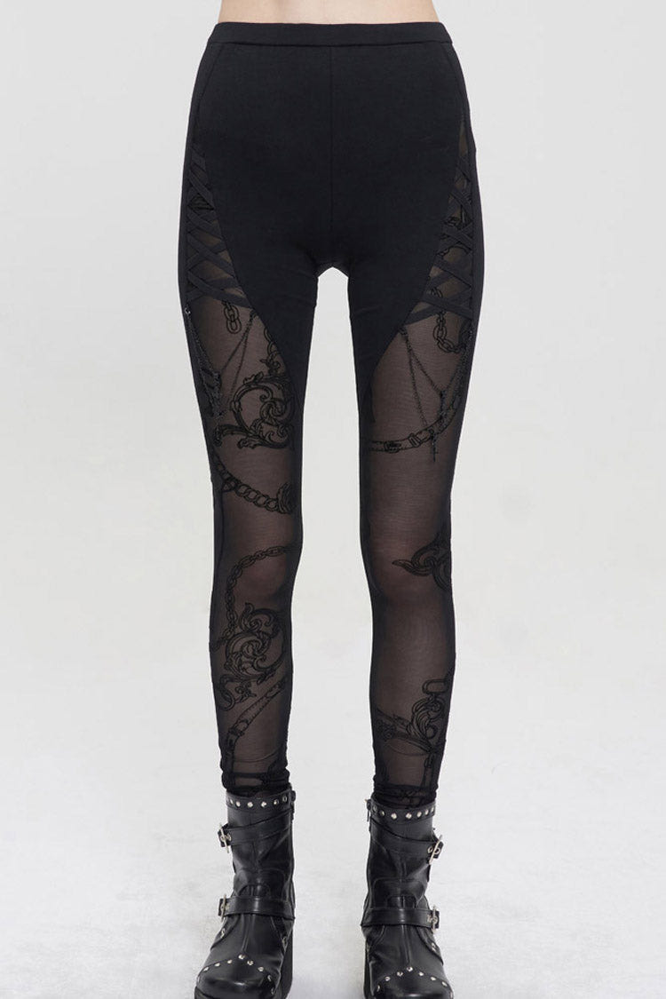Black Detachable Knitted Fabric Splicing Printing Mesh Women's Punk Leggings - Product - 2
