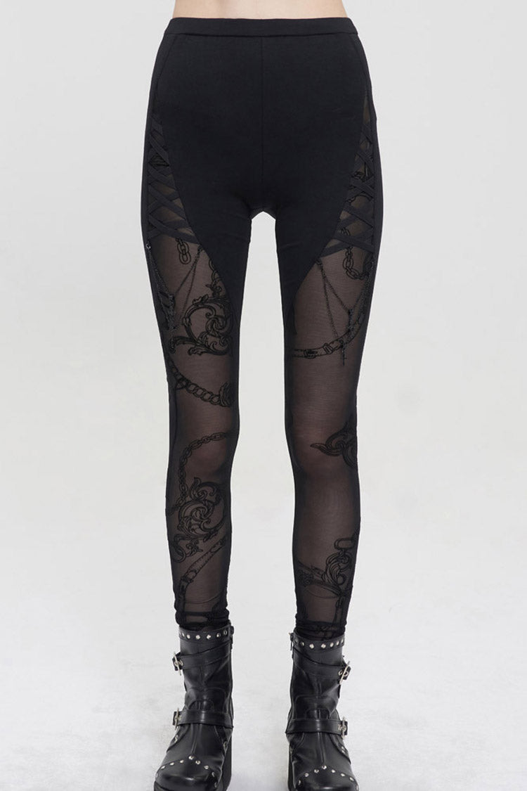 Black Detachable Knitted Fabric Splicing Printing Mesh Women's Punk Leggings - Product - 2