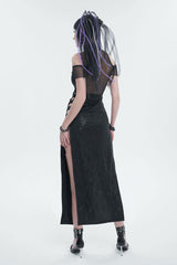 Black Off The Shoulder Irregular Knit Paneled Mesh Side Slit Women's Punk Dress - Product - 6