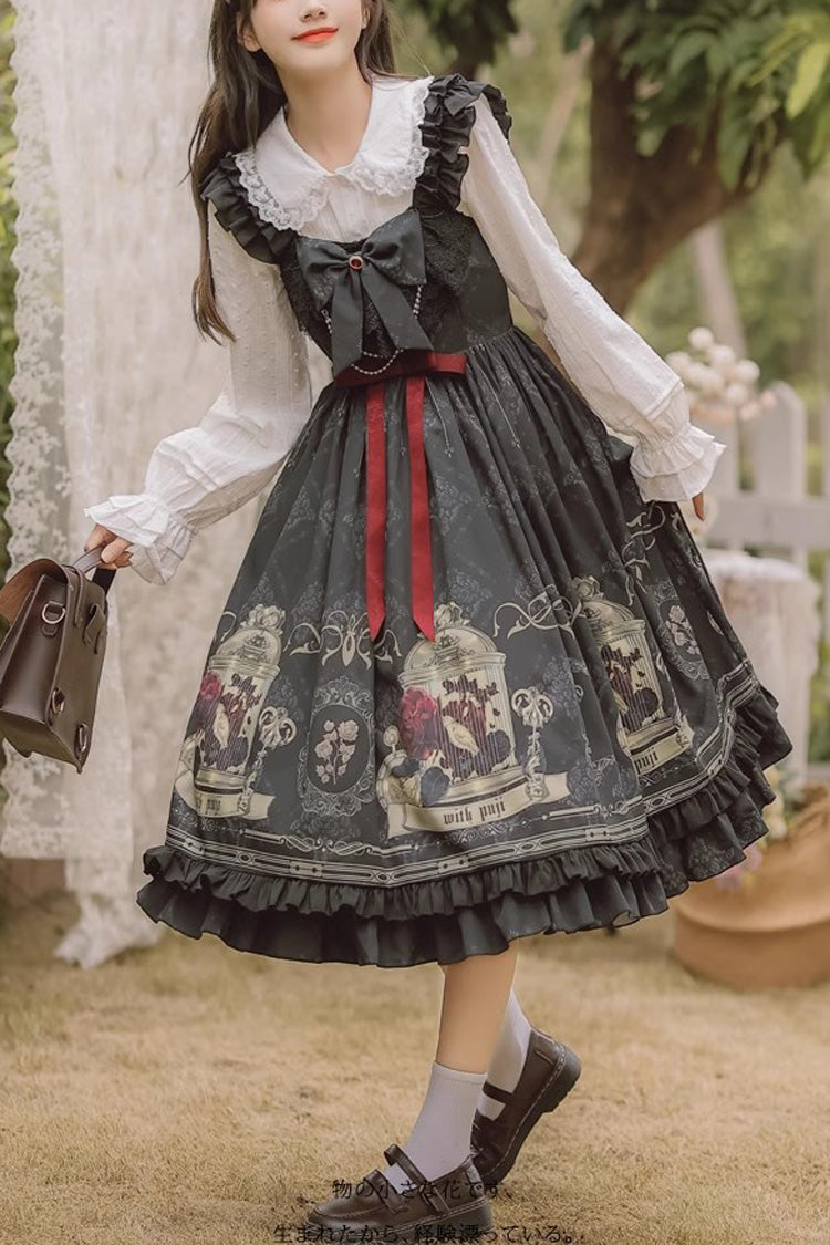 Black Birdcage Rose Print Ruffle Bowknot Gothic Princess Lolita Dress - Black - 1