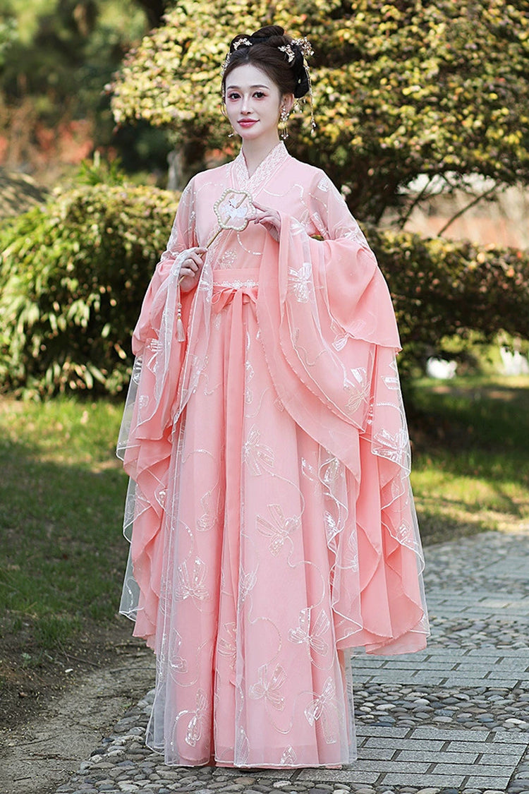 Pink V Collar High Waisted Embroidery Slim Women's Classic Chinese Style Hanfu Dress Full Set - Product - 2