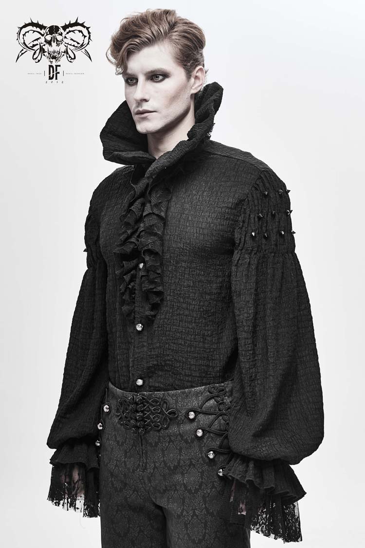 Black High Collar Chiffon Chest Frilly Beading Long Sleeve Lace Cuff Men's Gothic Shirt - Product - 2