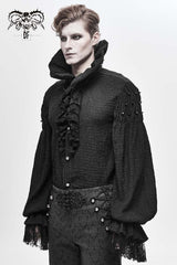 Black High Collar Chiffon Chest Frilly Beading Long Sleeve Lace Cuff Men's Gothic Shirt - Product - 2