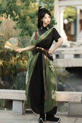 Black/Green Lapel Collar Short Sleeves Embroidered Sweet Chinese Inspired Wuxia Style Ouji Hanfu Pants Set - Product - 10