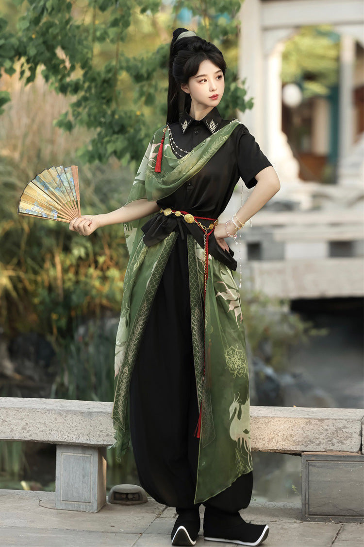 Black/Green Lapel Collar Short Sleeves Embroidered Sweet Chinese Inspired Wuxia Style Ouji Hanfu Pants Set - Product - 10