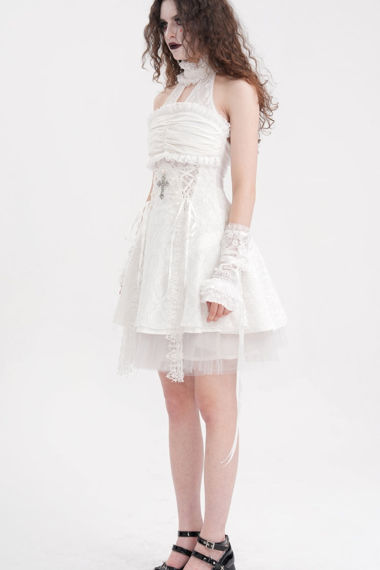 White Cross Halterneck Sleeveless Ruffle Lace Women's Gothic Dress - Product - 6