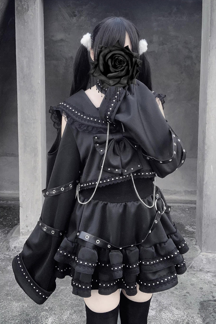 Black [Serpent Devour] Navy Collar Long Sleeves Ruffled Bow Studded Gothic Jirai Kei Top and Skirt Set - Product - 2