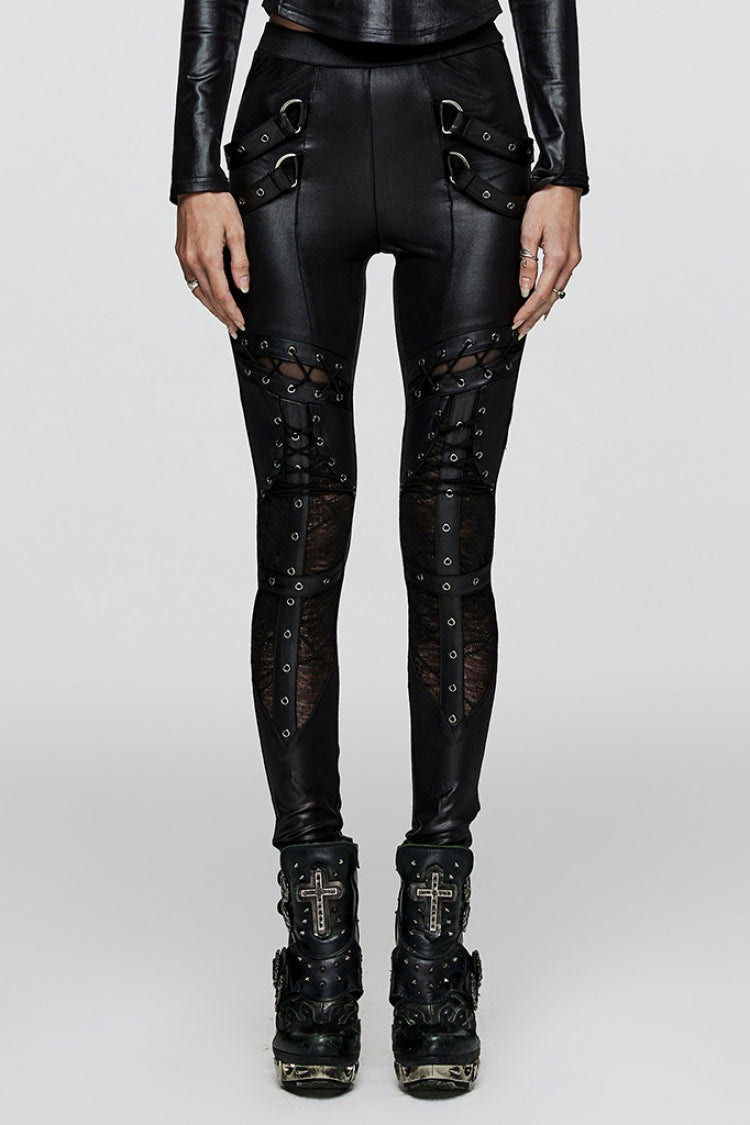 Black Hollow Metal Eyelet Strap Lace-Up Women's Steampunk Leggings - Black - 1