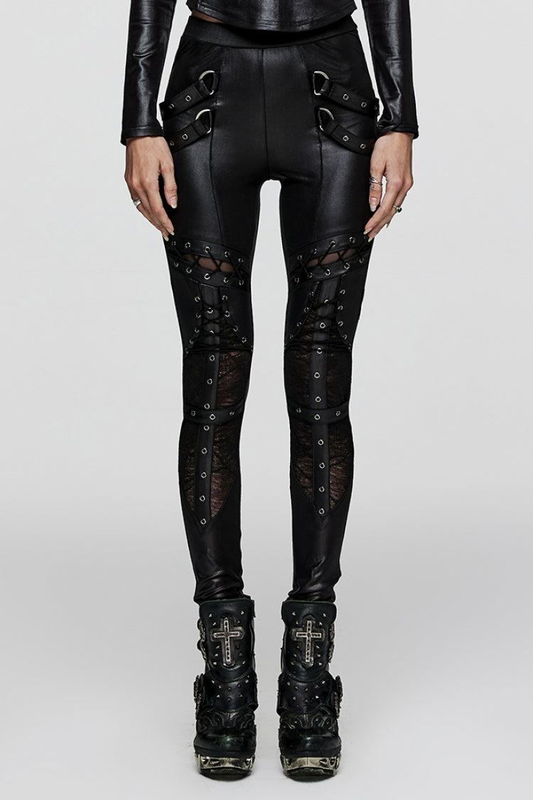 Black Hollow Metal Eyelet Strap Lace-Up Women's Steampunk Leggings - Black - 1