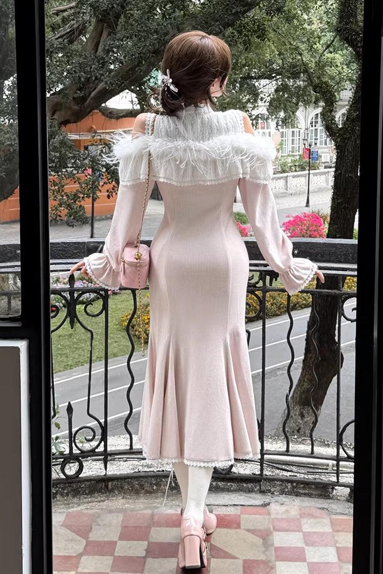 Pink [Little Love Song] Stand Collar Off Shoulder Long Sleeves Lace Sweet Japanese Elegant Lolita Mermaid Long Dress - Product - 3