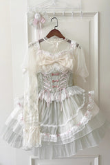 Light Green Camellia Decoration Bowknot Lace-Up Sweet Lolita Jsk Dress - Product - 2