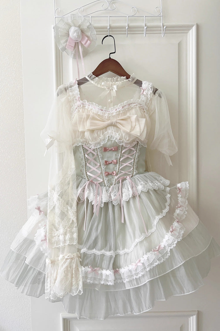 Light Green Camellia Decoration Bowknot Lace-Up Sweet Lolita Jsk Dress - Product - 2