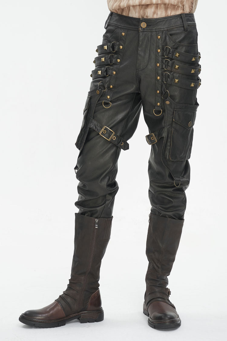 Black Big Pocket Bronze Studded Faux Leather Men's Gothic Pants - Product - 2