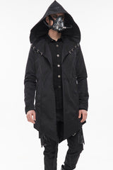 Black Punk Back Splicing Straps Design Windproof Fabric Daily Matching Hooded Casual Men's Coat - Black - 1