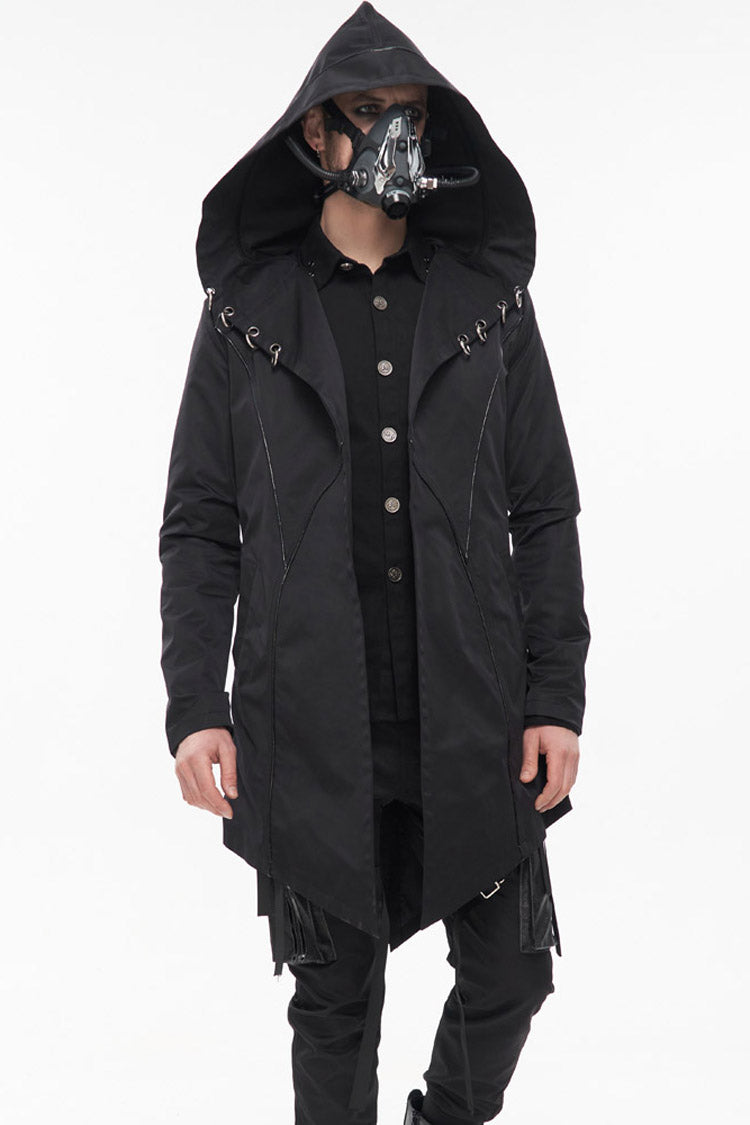 Black Punk Back Splicing Straps Design Windproof Fabric Daily Matching Hooded Casual Men's Coat - Black - 1