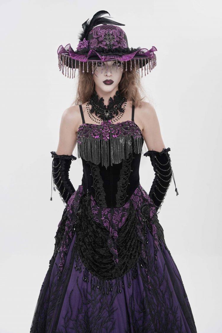 Black/Purple Lace-Up Women's Gothic Embroidered Tassels  Overbust Corset - Product - 11