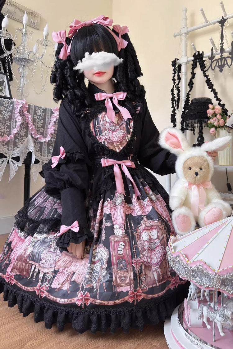 Black [The Case of the Missing Lamb] Print Ruffle Bowknot Lace Gothic Lolita SK Skirt - Product - 9