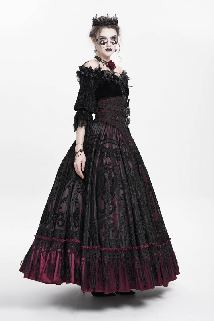 Red Jacquard Embroidery Buckle Tassels Women's Gothic Long Skirt - Product - 7
