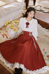 Solid Color High Waisted Lace Wave Hem Two Pieces Classic Lolita Dress - Product - 8