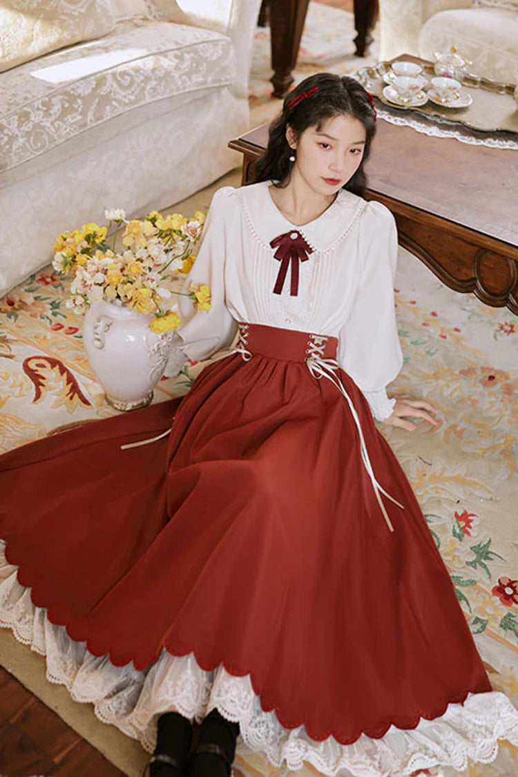 Solid Color High Waisted Lace Wave Hem Two Pieces Classic Lolita Dress - Product - 8