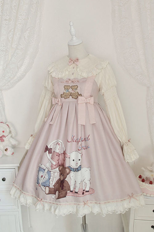 Pink Sheep & Bear Print Alice Girl Bowknot Ruffled Sweet Lolita JSK Dress - Product - 2