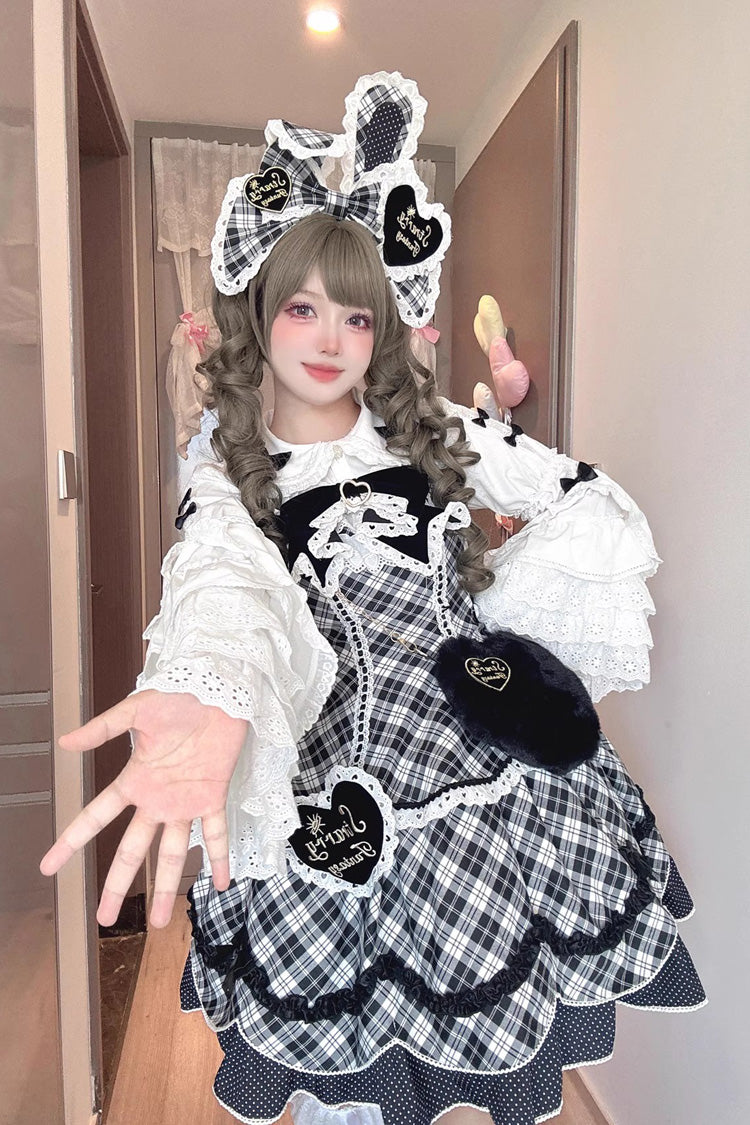 Black/White [Shibuya Sweetheart] Sleeveless Plaid Print Ruffle Bowknot Sweet Lolita Jsk Dress (Plus Size Support) - Product - 3