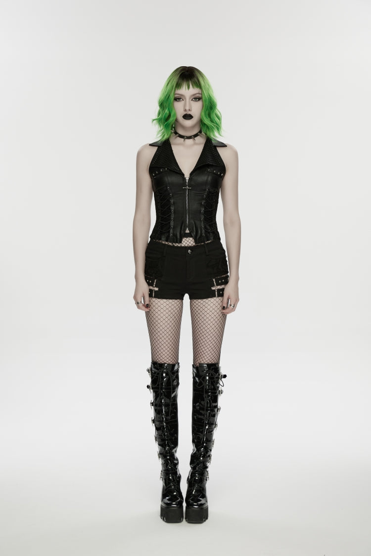 Black Ripped Studded Women's Punk Shorts - Product - 2