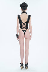 Black Stretch Patent Leather Cutout Lace Ruffle Button Women's Gothic Bodysuit - Product - 5