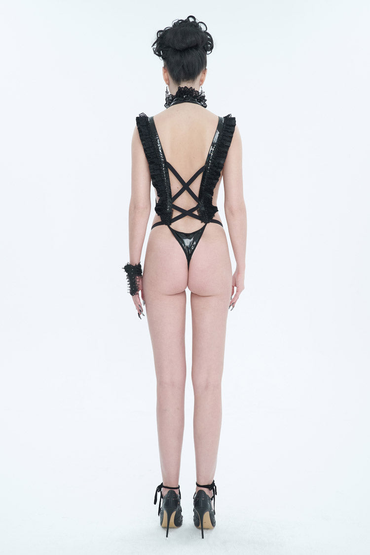 Black Stretch Patent Leather Cutout Lace Ruffle Button Women's Gothic Bodysuit - Product - 5