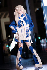 White/Blue [Zero-Type Transformation] Techwear Long Sleeves Embroidered Hooded Punk Jirai Kei Shorts Coat Set - Product - 10