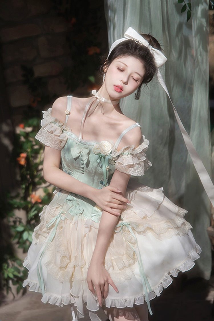 Light Green Off Shoulder Ruffle Bowknot Lace Sweet Elegant Princess Ballet Lolita Tiered Dress - Product - 2