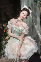 Light Green Off Shoulder Ruffle Bowknot Lace Sweet Elegant Princess Ballet Lolita Tiered Dress - Product - 2