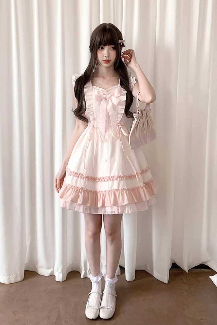 Pink double-layered ruffled Lolita dress full view