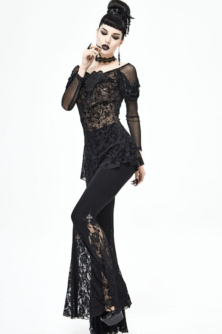 lack Gothic Off-Shoulder Front Chest Decals Bead Sleeve Beaded Tassel Webbing Flocking Print Women's Shirt - Product - 6
