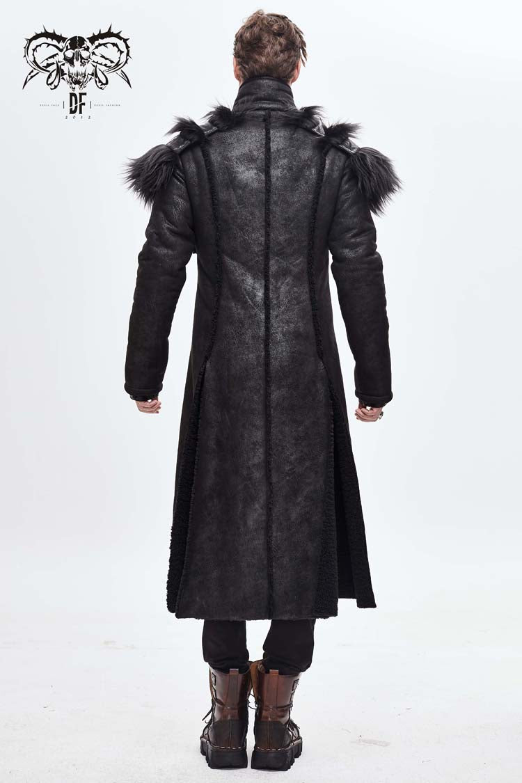 Black Stand Up Collar Shoulder Fur Cape Front Metal Hasp Chest Loops Long Fur Men's Punk Coat - Product - 5