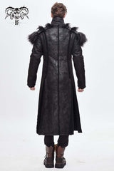 Black Stand Up Collar Shoulder Fur Cape Front Metal Hasp Chest Loops Long Fur Men's Punk Coat - Product - 5