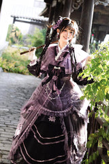 Purple [Violet Gauze Lily] Stand Collar Long Sleeves Ruffled Embroidered Bow Classic Chinese Style Elegant Gorgeous Lolita Dress Set - Product - 10