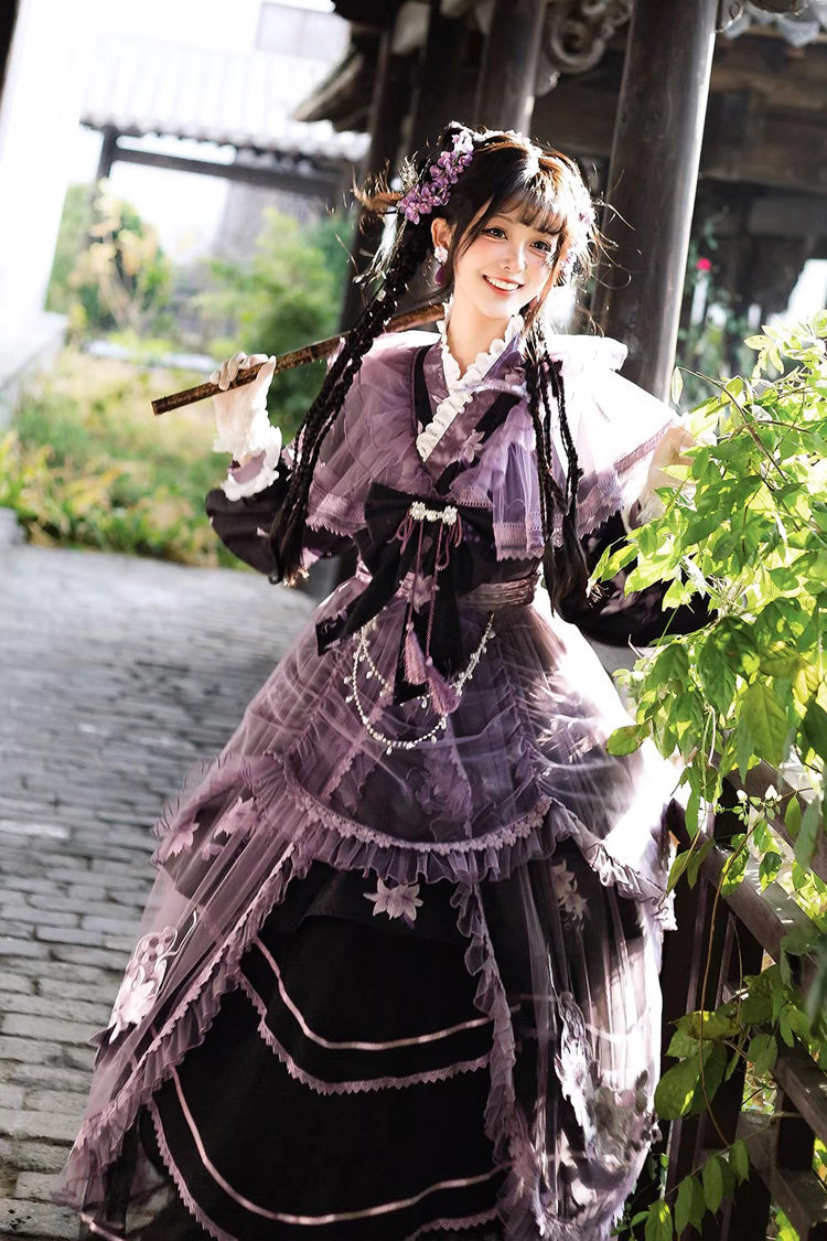 Purple [Violet Gauze Lily] Stand Collar Long Sleeves Ruffled Embroidered Bow Classic Chinese Style Elegant Gorgeous Lolita Dress Set - Product - 10
