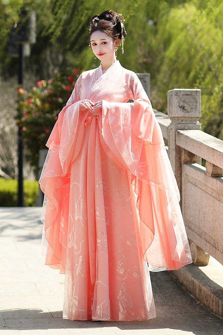 Pink V Collar High Waisted Embroidery Slim Women's Classic Chinese Style Hanfu Dress Full Set - Pink - 1