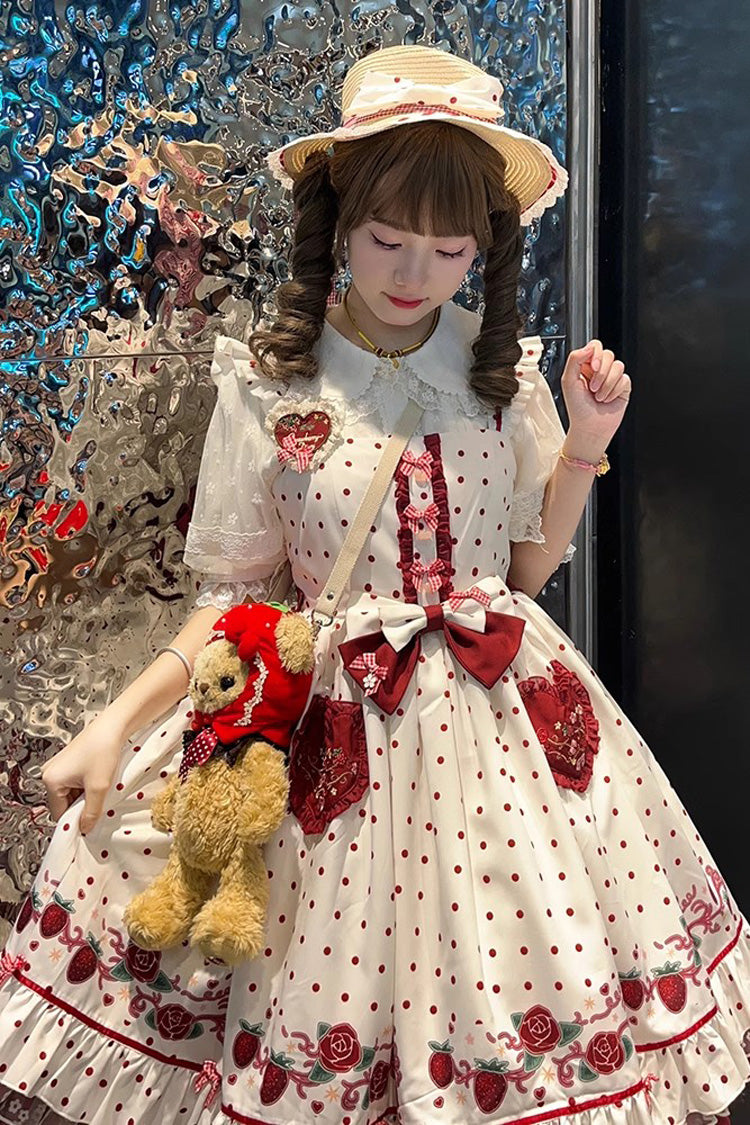 White [Strawberry Diary] Print Ruffle Bowknot Sweet Lolita Jsk Dress - Product - 5