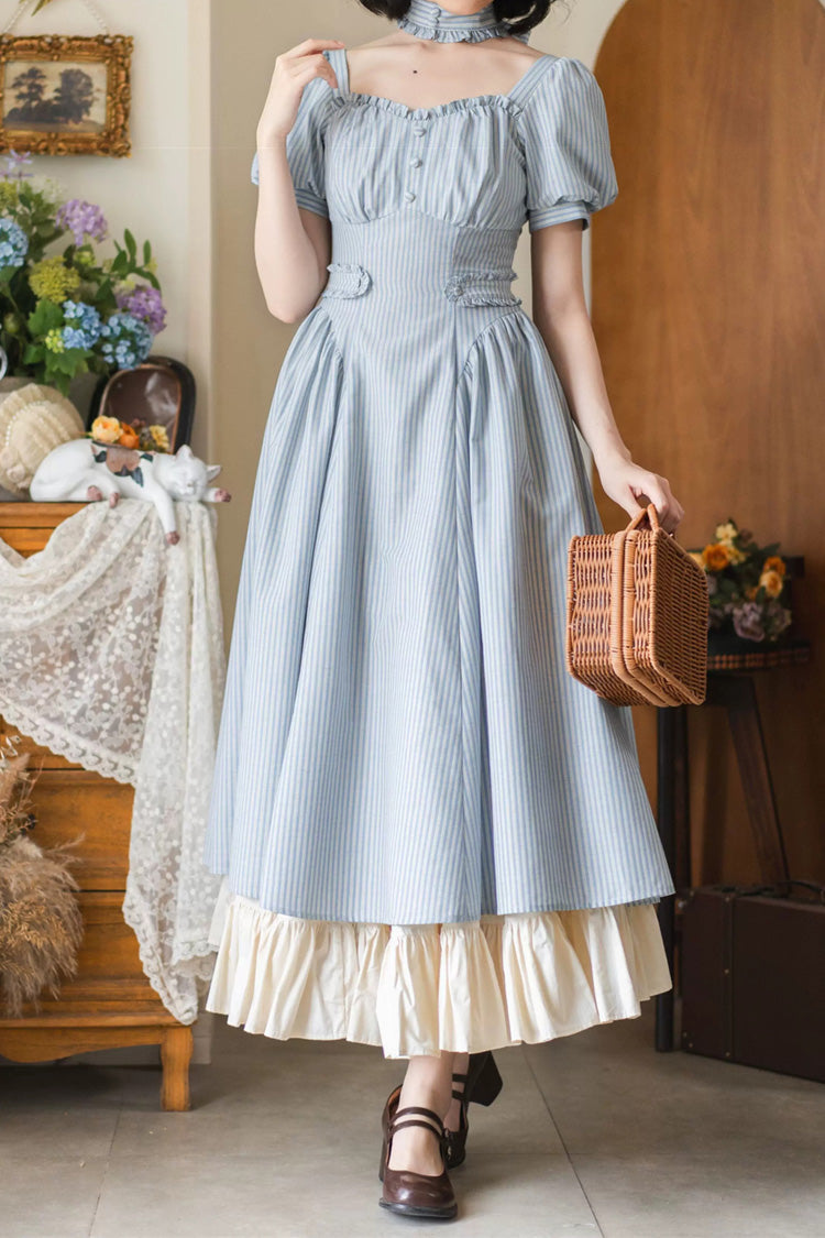 Light Blue [Chantilly Forest] Square Collar Short Sleeves Striped Printed Ruffled Classic Vintage Elegant Lolita Dress - Product - 4