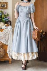 Light Blue [Chantilly Forest] Square Collar Short Sleeves Striped Printed Ruffled Classic Vintage Elegant Lolita Dress - Product - 4