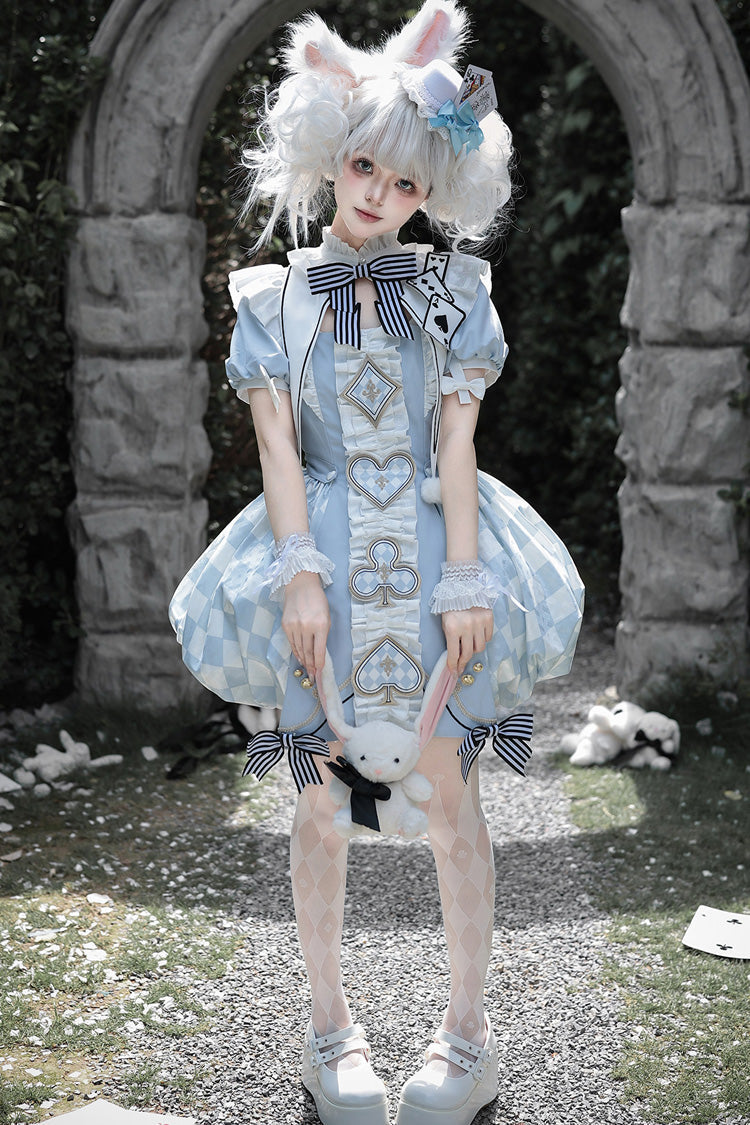 Blue [Dedicated to Alice] Square Collar Short Sleeves Jacquard Printed Ruffled Bow Sweet Lolita Dress Set - Product - 4