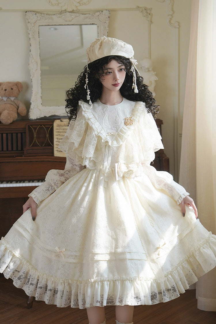 Ivory [Flower Sound] Long Sleeves Ruffle Cardigan Bowknot Lace Sweet Lolita Dress - Product - 5