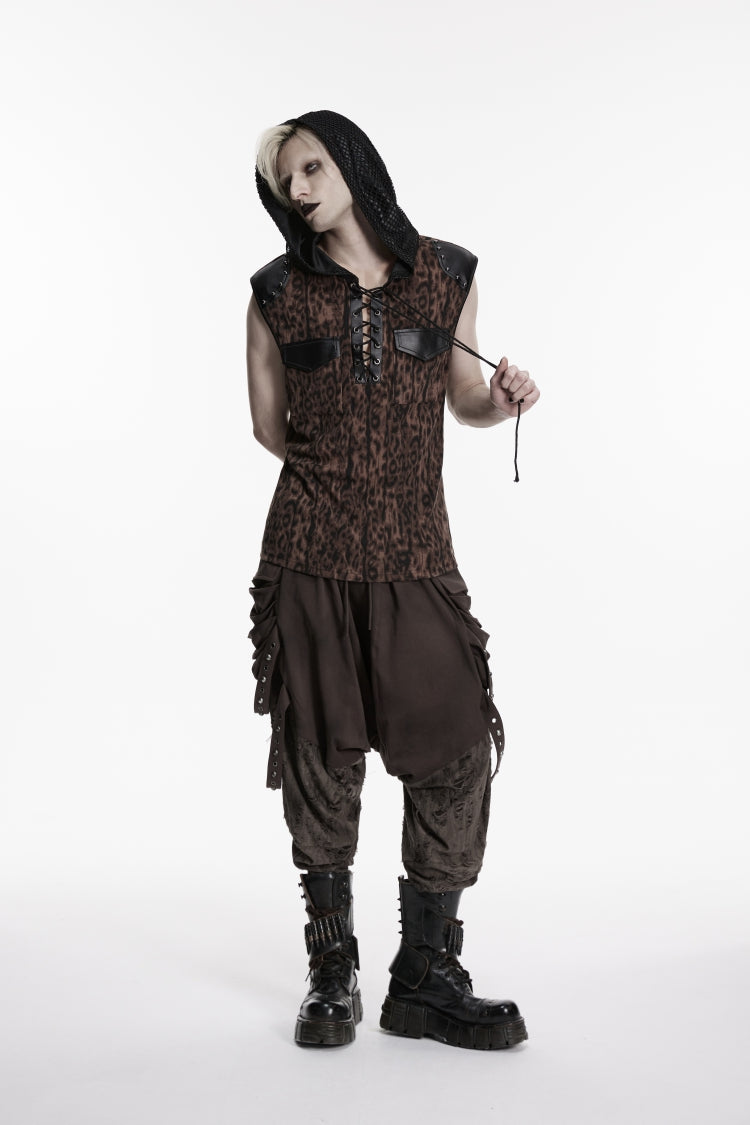 Black/Coffee  Sleeveless Spliced Lace-Up Hooded Mesh Pearl-Decorated Eyelet Men's Punk T-Shirt - Product - 5
